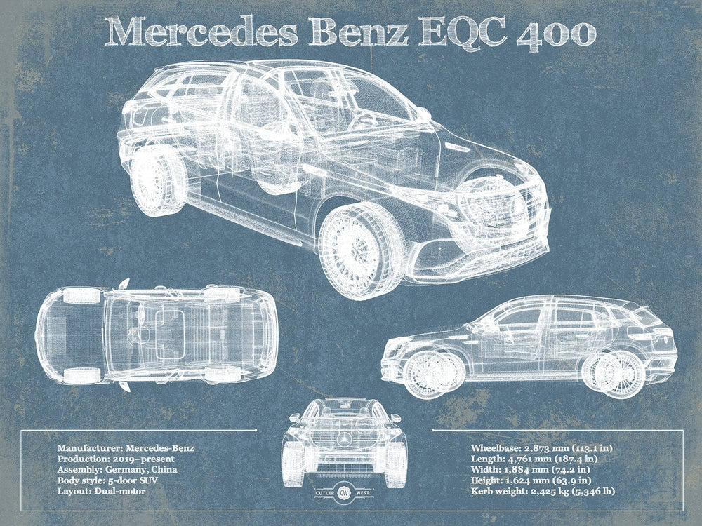 14" x 11" / Unframed Cutler West Mercedes-Benz EQC Blueprint Vintage Auto Print