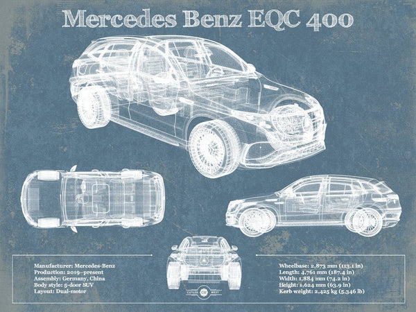 14" x 11" / Unframed Cutler West Mercedes-Benz EQC Blueprint Vintage Auto Print