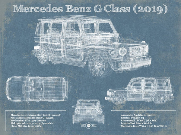 14" x 11" / Unframed Cutler West Mercedes-Benz G-Class (2019) Vintage Blueprint Auto Print