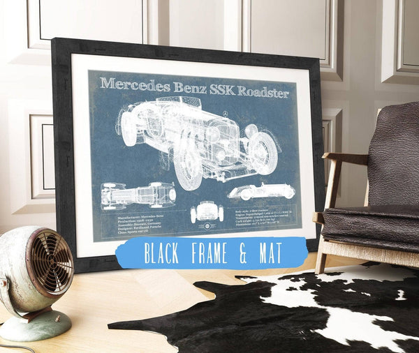 20" x 16" / Black Frame & Mat Cutler West Mercedes Benz SSK Roadster Original Blueprint Art