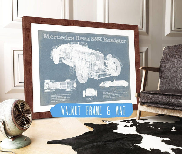 20" x 16" / Walnut Frame & Mat Cutler West Mercedes Benz SSK Roadster Original Blueprint Art