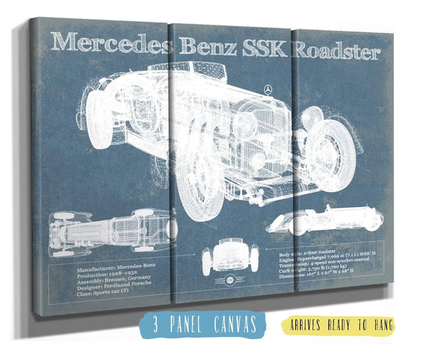 48" x 36" / 3 Panel Canvas Wrap Cutler West Mercedes Benz SSK Roadster Original Blueprint Art
