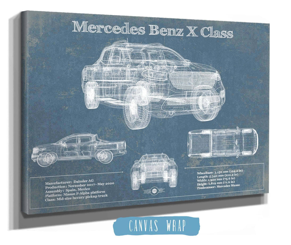 14" x 11" / Stretched Canvas Wrap Cutler West Mercedes Benz X Class Blueprint Vintage Auto Print