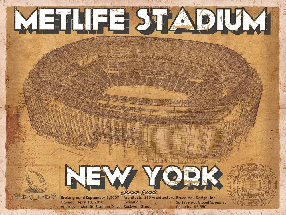 14" x 11" / Stretched Canvas Wrap Cutler West MetLife Stadium Vintage New York - Vintage Football Print