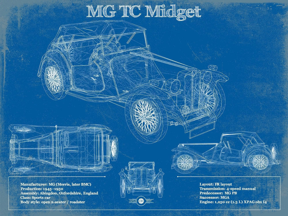 14" x 11" / Stretched Canvas Wrap Cutler West MG TC Midget Vintage Blueprint Auto Print