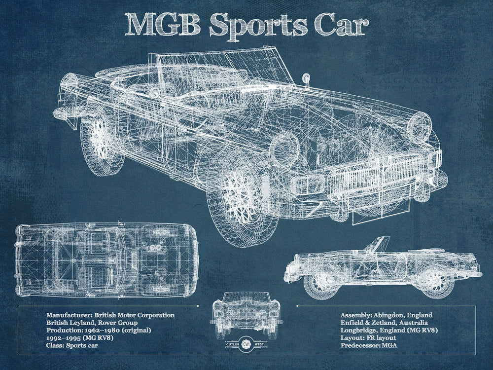 14" x 11" / Stretched Canvas Wrap Cutler West Mgb Sports Car Blueprint Vintage Auto Print