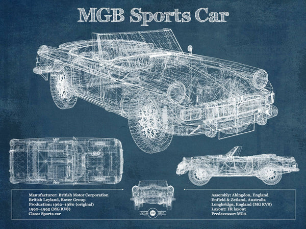 14" x 11" / Unframed Cutler West Mgb Sports Car Blueprint Vintage Auto Print