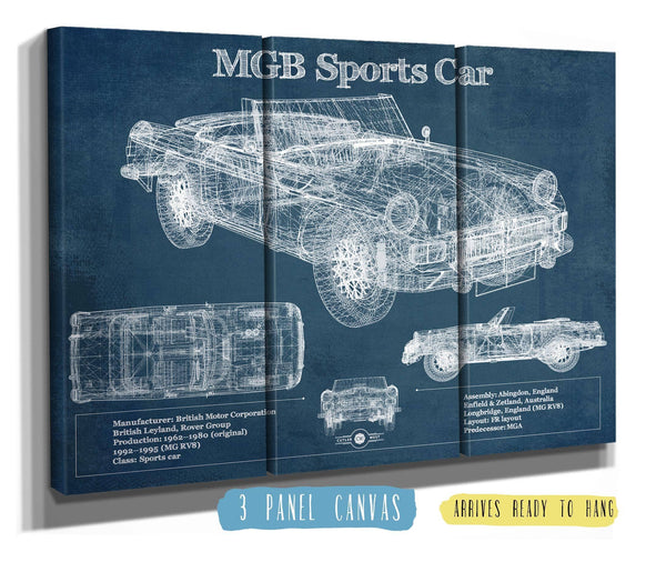 36" x 24" / 3 Panel Canvas Wrap Cutler West Mgb Sports Car Blueprint Vintage Auto Print