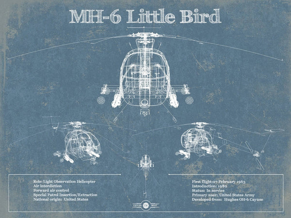 14" x 11" / Unframed Cutler West MH-6 Little Bird Helicopter Vintage Aviation Blueprint Military Print