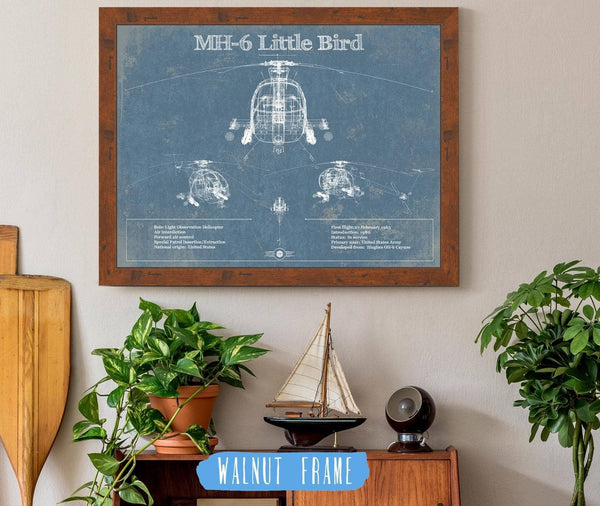 20" x 16" / Walnut Frame Cutler West MH-6 Little Bird Helicopter Vintage Aviation Blueprint Military Print