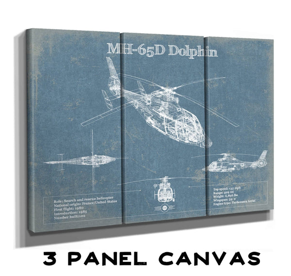 36" x 24" / 3 Panel Canvas Wrap Cutler West MH-65D Dolphin Helicopter Vintage Aviation Blueprint Military Print