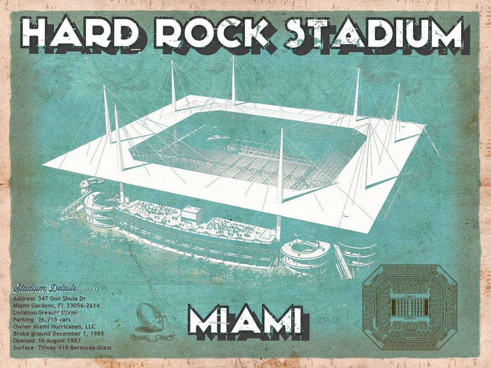 14" x 11" / Stretched Canvas Wrap Cutler West Miami Dolphins Hard Rock Stadium - Vintage Football Print