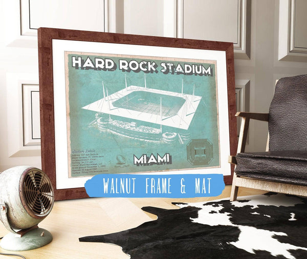 20" x 16" / Walnut Frame & Mat Cutler West Miami Dolphins Hard Rock Stadium - Vintage Football Print
