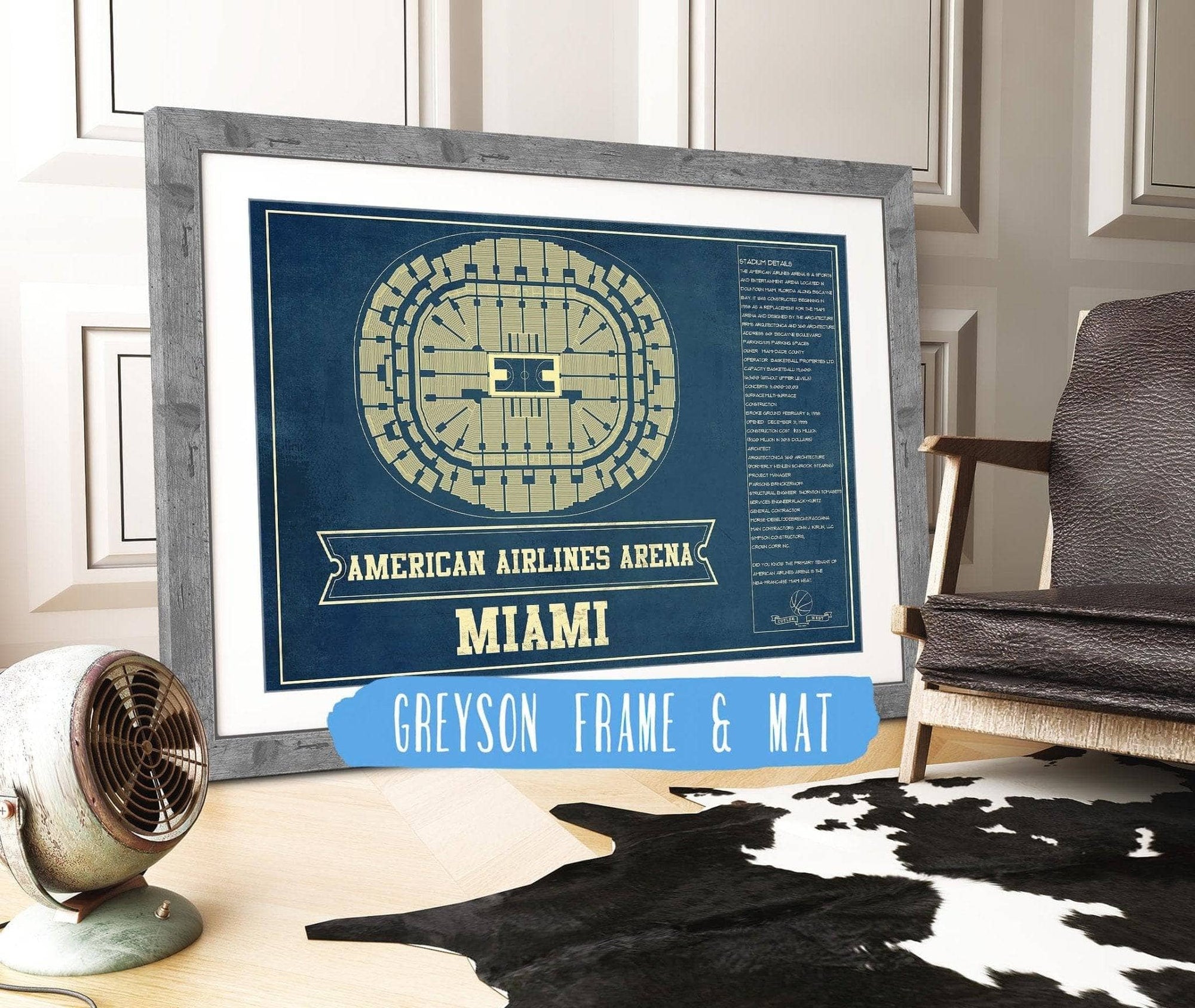 Cutler West Basketball Collection 14" x 11" / Greyson Frame Mat Miami Heat - American Airlines Arena Vintage Basketball Blueprint NBA Print 675082021_76835
