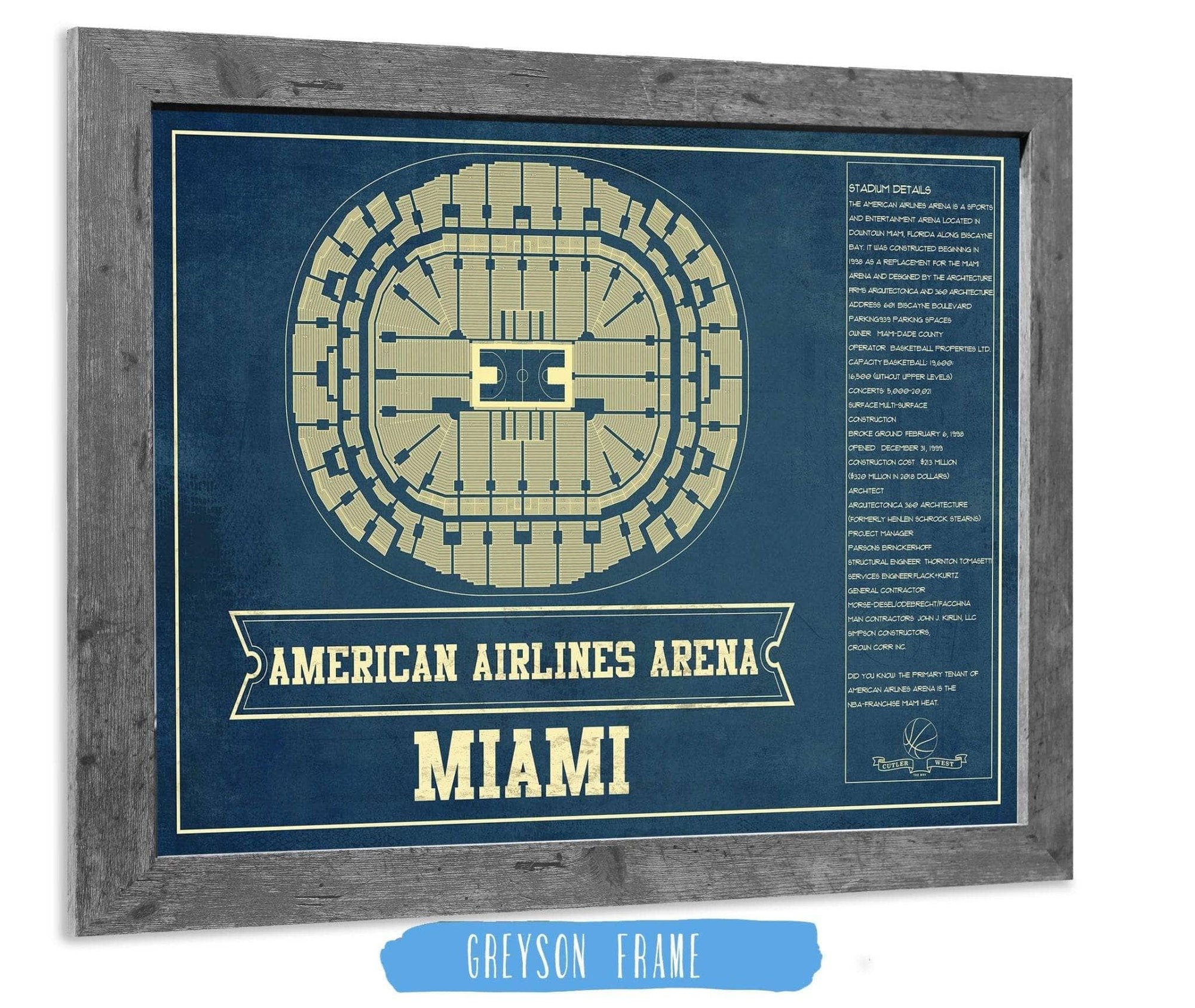 Cutler West Basketball Collection 14" x 11" / Greyson Frame Miami Heat - American Airlines Arena Vintage Basketball Blueprint NBA Print 675082021_76834
