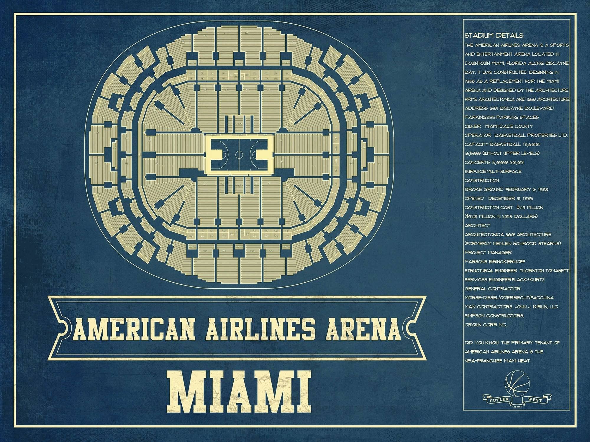 Cutler West Basketball Collection 14" x 11" / Unframed Miami Heat - American Airlines Arena Vintage Basketball Blueprint NBA Print 675082021_76827
