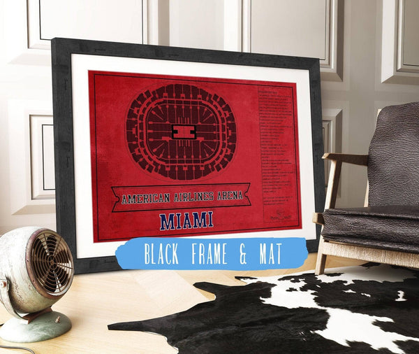 14" x 11" / Black Frame Mat Cutler West Miami Heat - American Airlines Arena Vintage Basketball Blueprint NBA Team Color Print