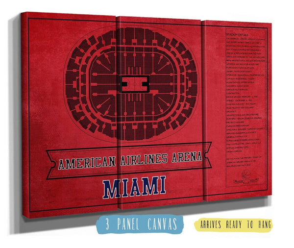 36" x 24" / 3 Panel Canvas Wrap Cutler West Miami Heat - American Airlines Arena Vintage Basketball Blueprint NBA Team Color Print