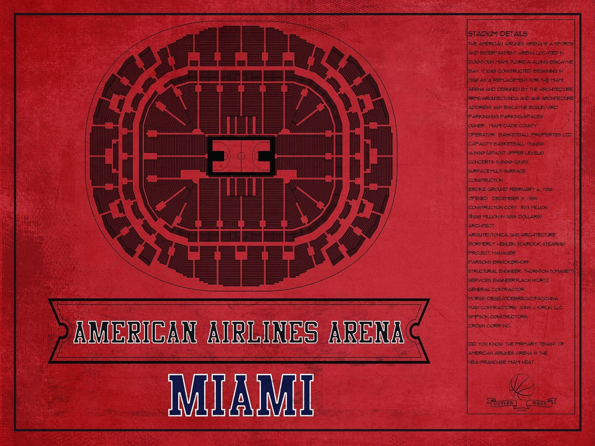 Cutler West Basketball Collection 14" x 11" / Unframed Miami Heat - American Airlines Arena Vintage Basketball Blueprint NBA Team Color Print 675082021-TEAM_76761