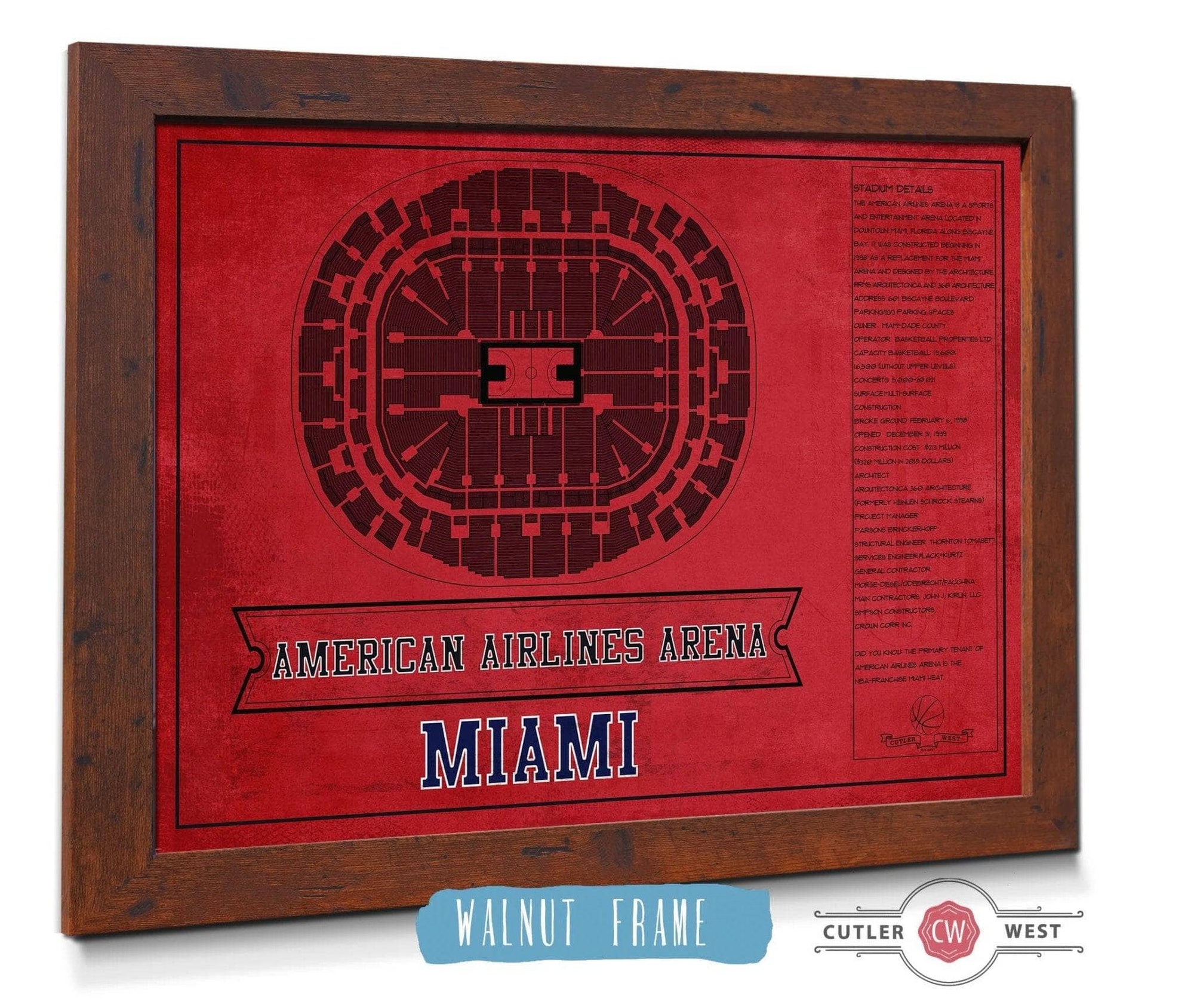 Cutler West Basketball Collection 14" x 11" / Walnut Frame Miami Heat - American Airlines Arena Vintage Basketball Blueprint NBA Team Color Print 675082021-TEAM_76764