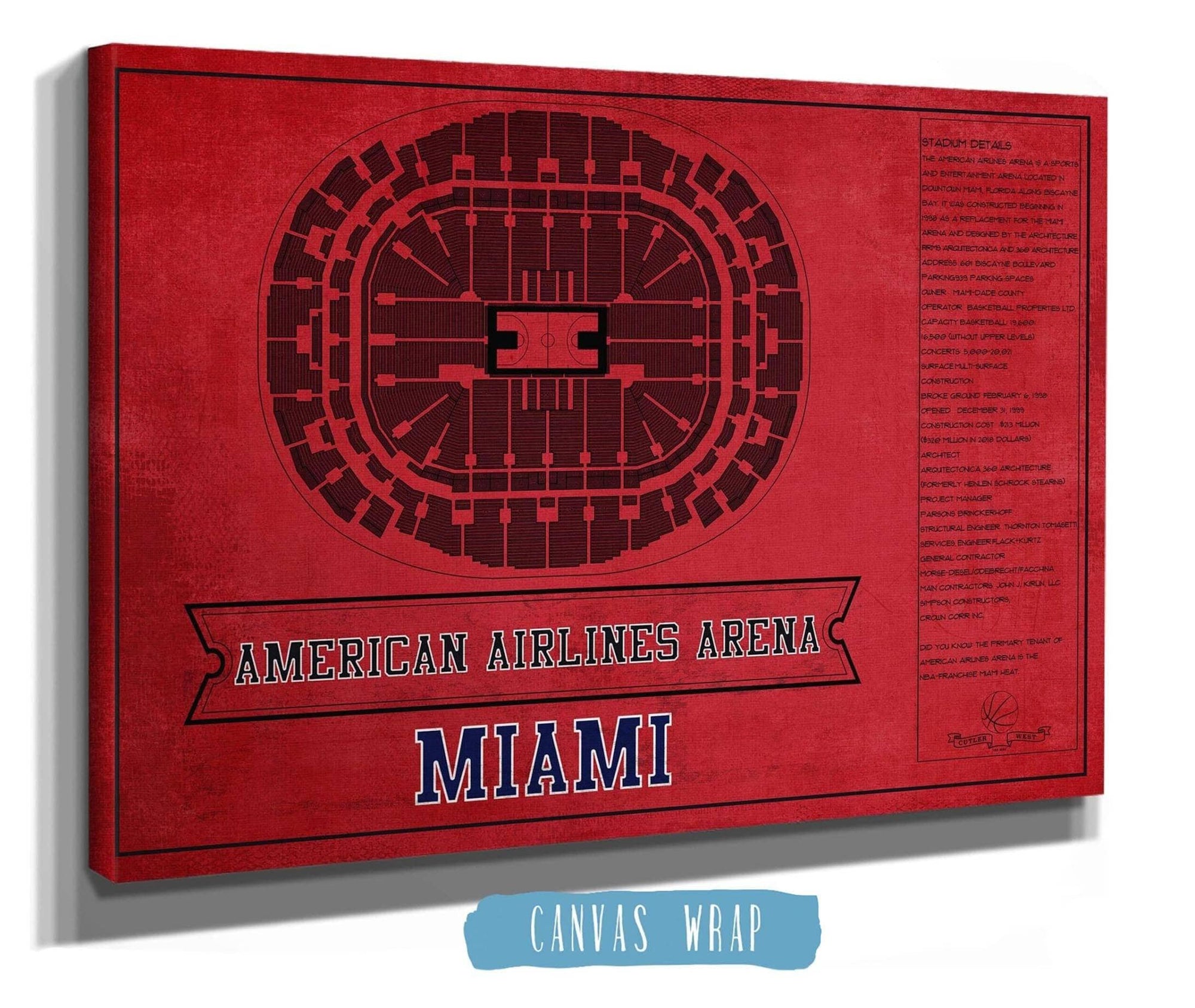 Cutler West Basketball Collection Miami Heat - American Airlines Arena Vintage Basketball Blueprint NBA Team Color Print