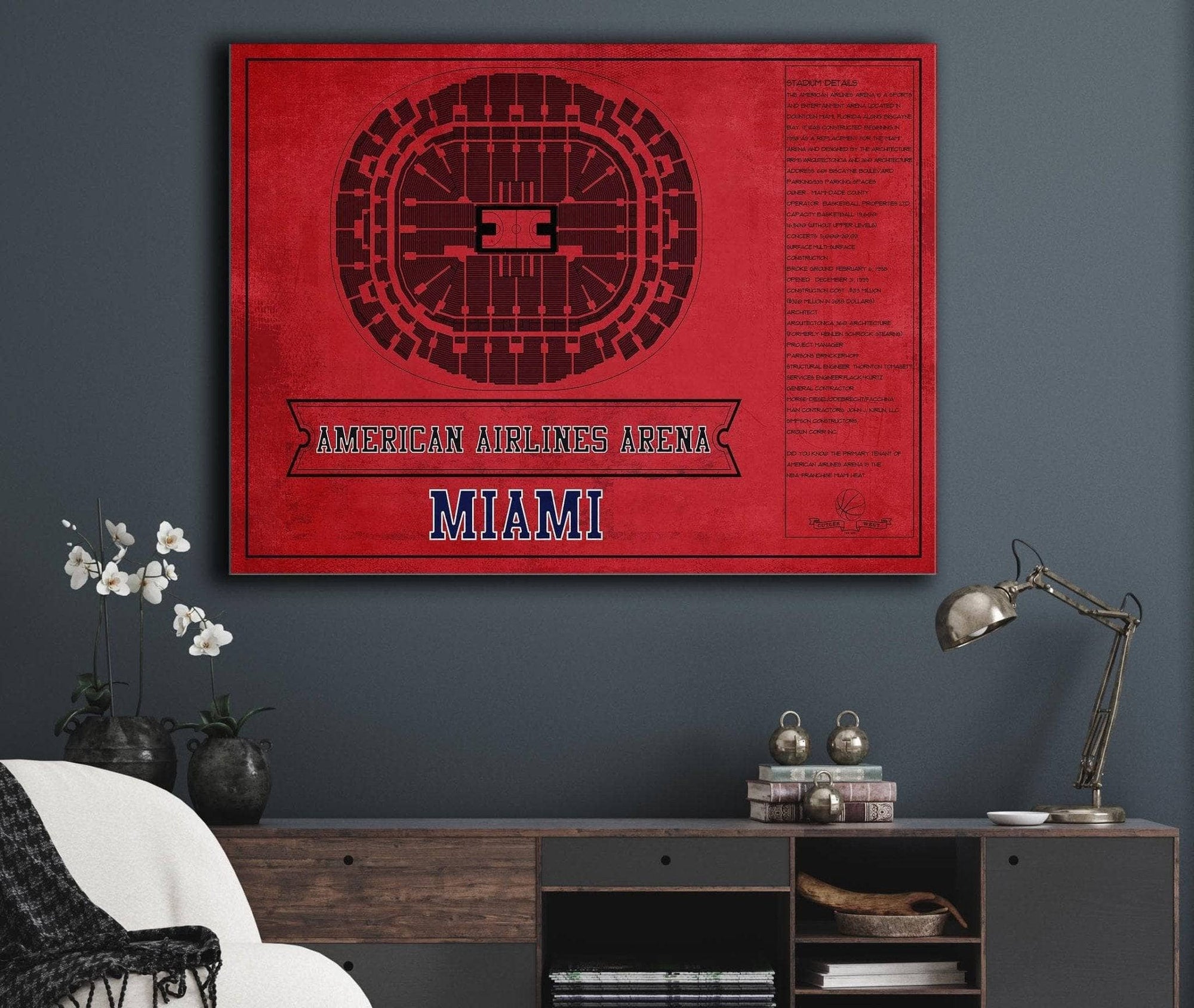 Cutler West Miami Heat - American Airlines Arena Vintage Basketball Blueprint NBA Team Color Print