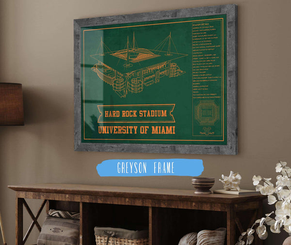 14" x 11" / Greyson Frame Cutler West Miami Hurricanes - Hard Rock Vintage Football Stadium Blueprint