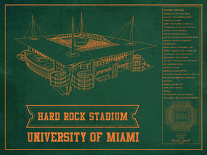 14" x 11" / Unframed Cutler West Miami Hurricanes - Hard Rock Vintage Football Stadium Blueprint