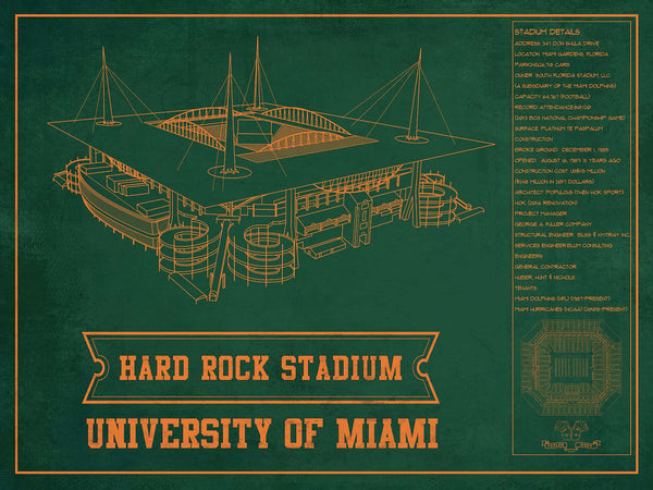 14" x 11" / Unframed Cutler West Miami Hurricanes - Hard Rock Vintage Football Stadium Blueprint