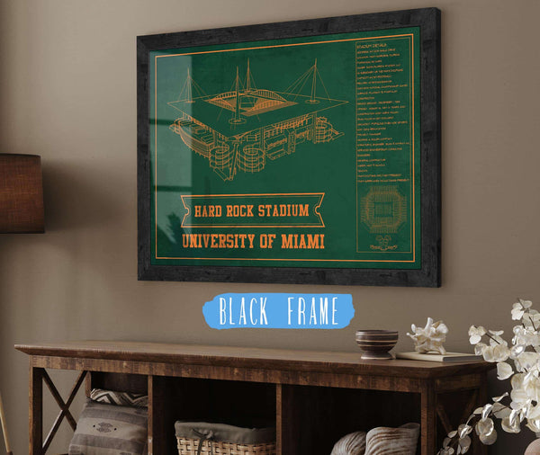 20" x 16" / Black Frame Cutler West Miami Hurricanes - Hard Rock Vintage Football Stadium Blueprint