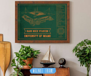 20" x 16" / Walnut Frame Cutler West Miami Hurricanes - Hard Rock Vintage Football Stadium Blueprint