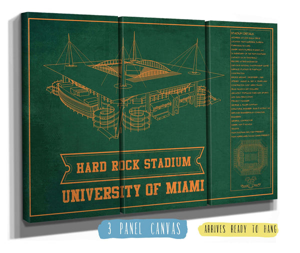 36" x 24" / 3 Panel Canvas Wrap Cutler West Miami Hurricanes - Hard Rock Vintage Football Stadium Blueprint