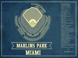 14" x 11" / Unframed Cutler West Miami Marlins - Marlin Park Blueprint - Vintage Baseball Fan Print