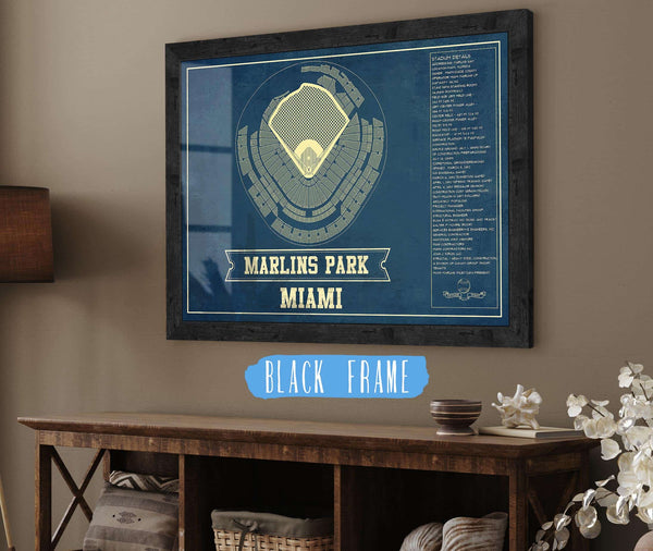 20" x 16" / Black Frame Cutler West Miami Marlins - Marlin Park Blueprint - Vintage Baseball Fan Print