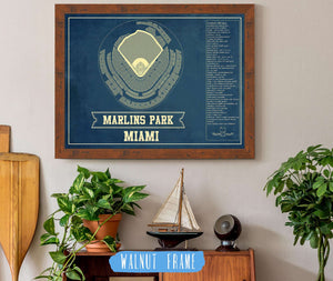 20" x 16" / Walnut Frame Cutler West Miami Marlins - Marlin Park Blueprint - Vintage Baseball Fan Print