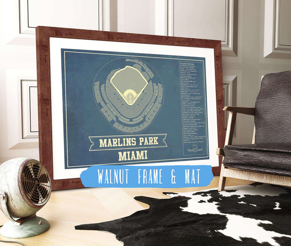 20" x 16" / Walnut Frame & Mat Cutler West Miami Marlins - Marlin Park Blueprint - Vintage Baseball Fan Print