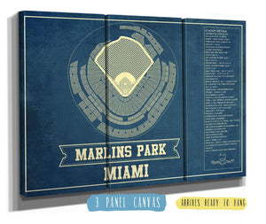 36" x 24" / 3 Panel Canvas Wrap Cutler West Miami Marlins - Marlin Park Blueprint - Vintage Baseball Fan Print