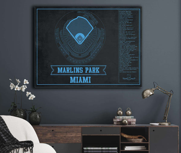 Cutler West Miami Marlins - Marlin Park Blueprint - Vintage Baseball Fan Team Color Print