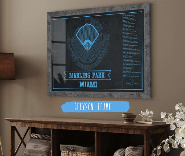 14" x 11" / Greyson Frame Cutler West Miami Marlins - Marlin Park Blueprint - Vintage Baseball Fan Team Color Print
