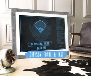 14" x 11" / Greyson Frame & Mat Cutler West Miami Marlins - Marlin Park Blueprint - Vintage Baseball Fan Team Color Print