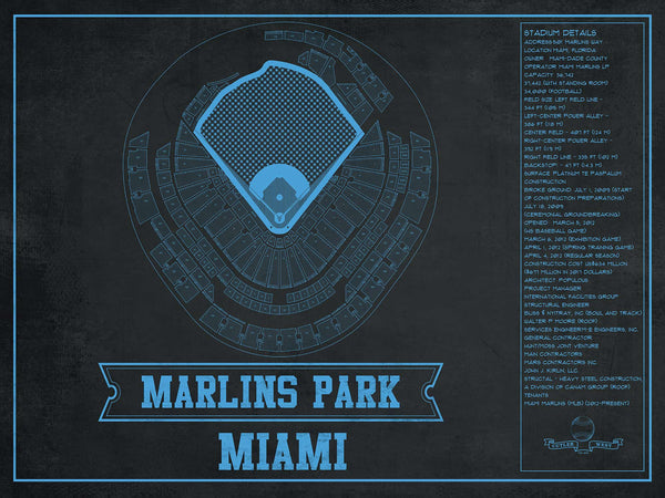 14" x 11" / Unframed Cutler West Miami Marlins - Marlin Park Blueprint - Vintage Baseball Fan Team Color Print