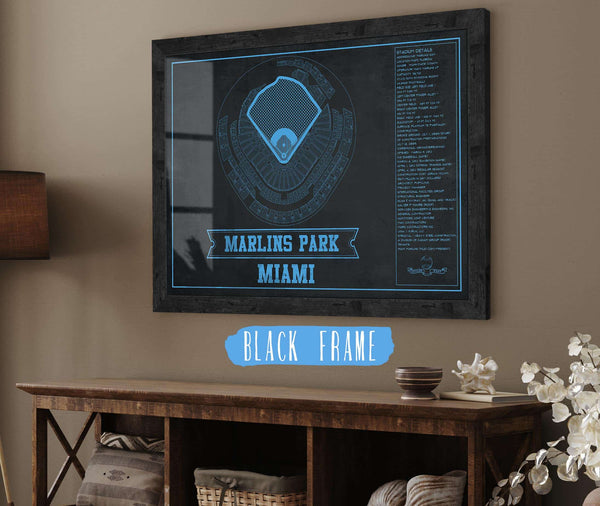 20" x 16" / Black Frame Cutler West Miami Marlins - Marlin Park Blueprint - Vintage Baseball Fan Team Color Print