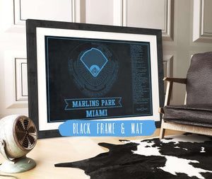 20" x 16" / Black Frame & Mat Cutler West Miami Marlins - Marlin Park Blueprint - Vintage Baseball Fan Team Color Print