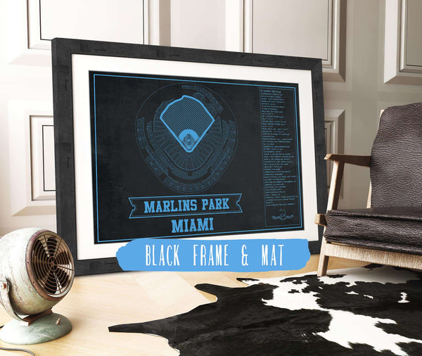 20" x 16" / Black Frame & Mat Cutler West Miami Marlins - Marlin Park Blueprint - Vintage Baseball Fan Team Color Print