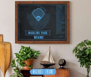20" x 16" / Walnut Frame Cutler West Miami Marlins - Marlin Park Blueprint - Vintage Baseball Fan Team Color Print