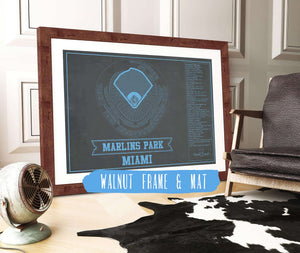 20" x 16" / Walnut Frame & Mat Cutler West Miami Marlins - Marlin Park Blueprint - Vintage Baseball Fan Team Color Print