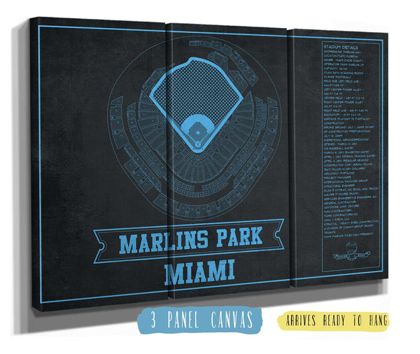 36" x 24" / 3 Panel Canvas Wrap Cutler West Miami Marlins - Marlin Park Blueprint - Vintage Baseball Fan Team Color Print