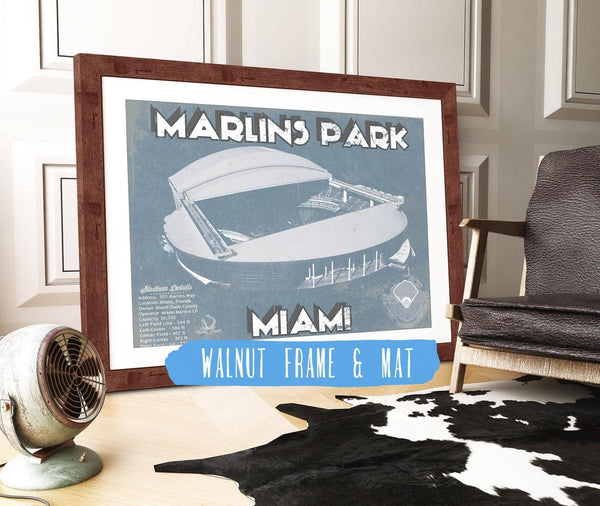 20" x 16" / Walnut Frame & Mat Cutler West Miami Marlins - Marlins Park Vintage Baseball Fan Print