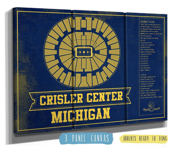 36" x 24" / 3 Panel Canvas Wrap Cutler West Michigan Men's Women's Basketball Team Colors- Crisler Center NCAA Vintage Print
