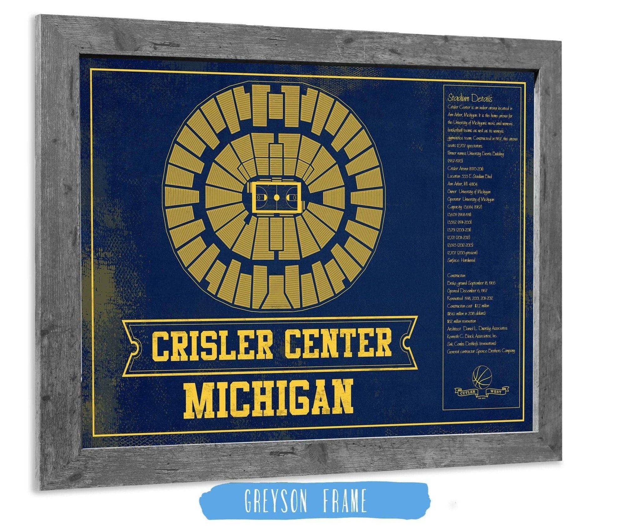 Cutler West Basketball Collection 14" x 11" / Greyson Frame Michigan Men's Women's Basketball Team Colors- Crisler Center NCAA Vintage Print 933350235_81915